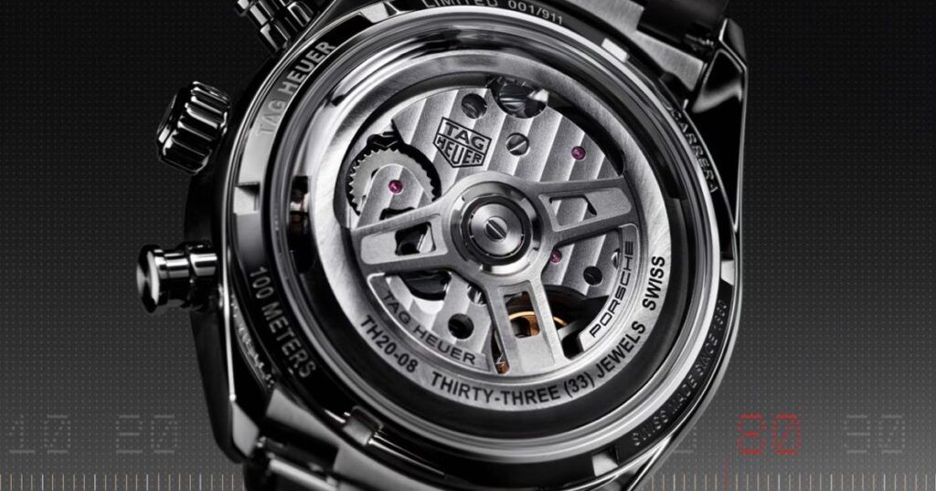 TAG Heuer Carrera Chronosprint x Porsche dial closeup showing red chronograph hand