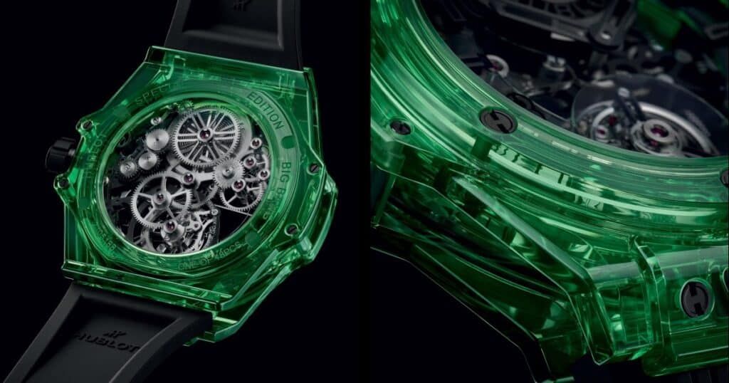 Hublot Big Bang Tourbillon 44mm green SAXEM translucent skeleton case