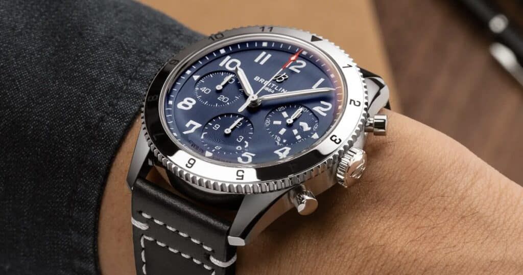 Breitling Classic AVI 42mm aviation watch with blue dial and vintage-inspired design