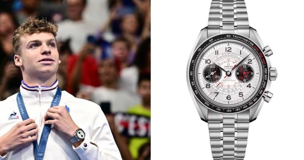 French swimmer Léon Marchand wearing Omega Speedmaster Chronoscope luxury chronograph watch