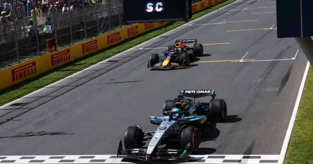 Mercedes-AMG Petronas F1 drivers Russell and Antonelli celebrate Canadian Grand Prix 2025 podium wearing IWC luxury watches
