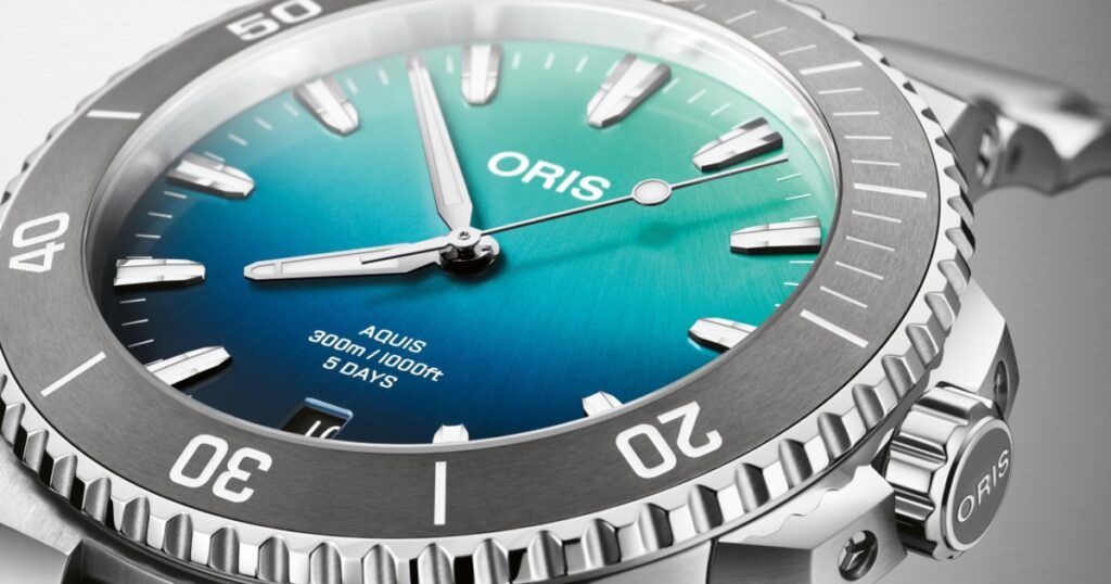 Oris Great Barrier Reef IV turquoise to blue gradient dial closeup