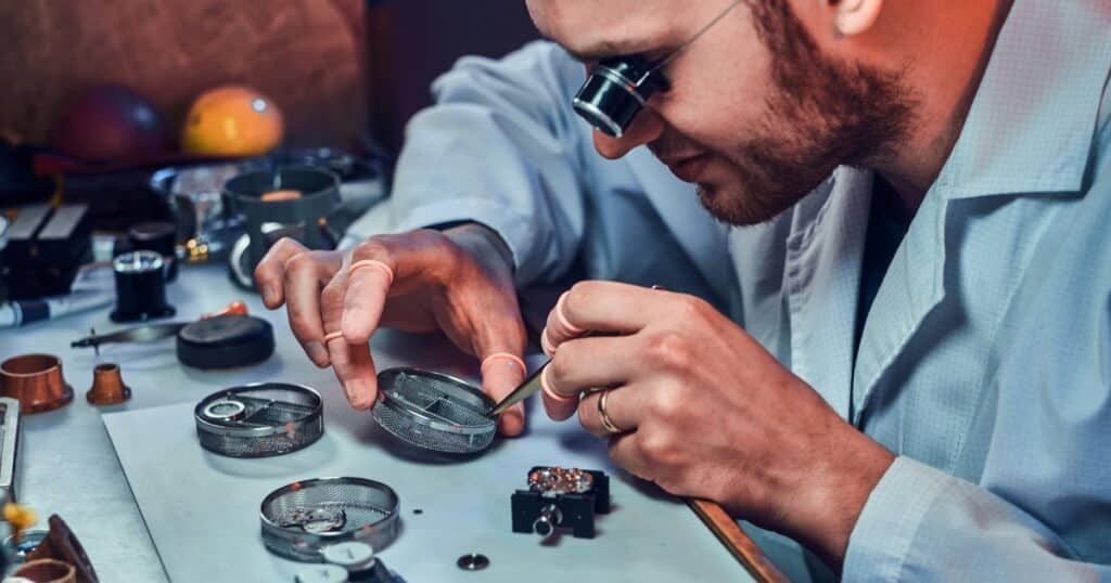 Professional watch repair workshop with specialized horological tools and timing equipment