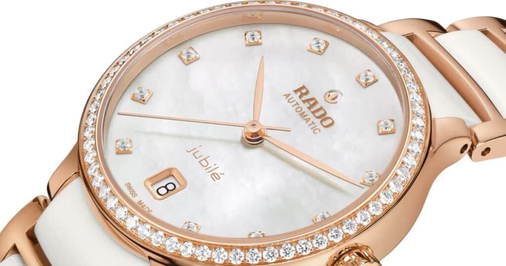 Rado Centrix women's luxury watch with mother-of-pearl dial and steel ceramic bracelet