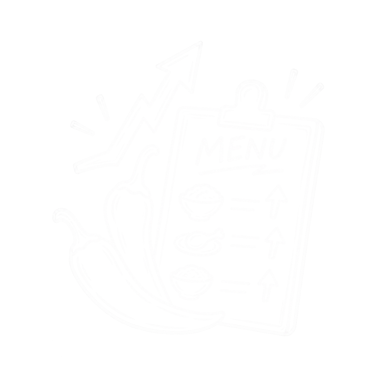 Ilustrasi garis tangan berwarna putih yang menampilkan menu makanan dengan tanda panah kenaikan harga dan cabai, menggambarkan strategi menaikkan harga menu saat harga cabai naik.