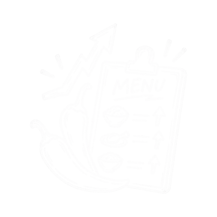 Ilustrasi garis tangan berwarna putih yang menampilkan menu makanan dengan tanda panah kenaikan harga dan cabai, menggambarkan strategi menaikkan harga menu saat harga cabai naik.