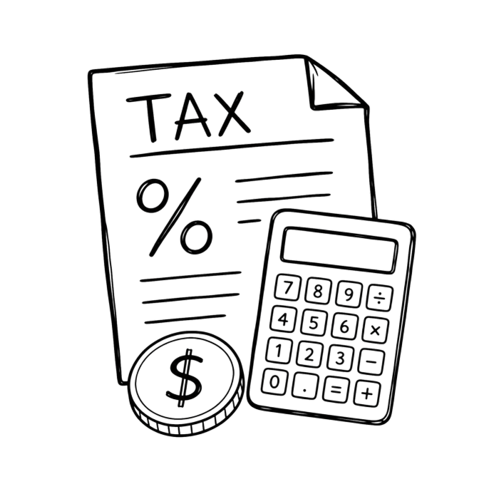 Gambar yang berisikan kertas bertulisan tax serta kalkulator dan uang koin
