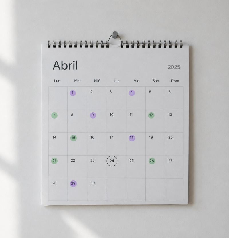 Calendario con días marcados y uno sin marcar en la mitad.