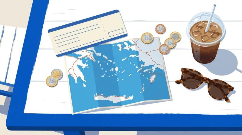 Flat vector illustration seen from directly overhead in bright midday light: a whitewashed table with a blue painted edge holding a paper ferry ticket, a folded map of the Greek islands, a few euro coins, an iced coffee in a plastic cup and a pair of sunglasses