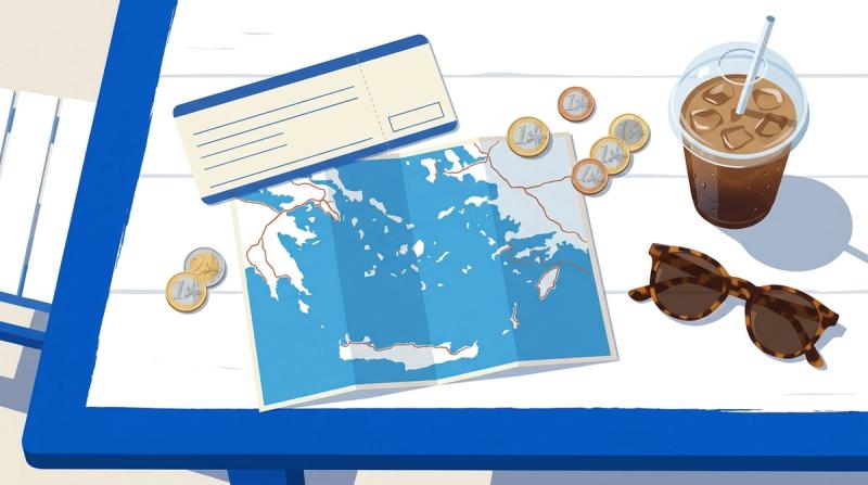 Flat vector illustration seen from directly overhead in bright midday light: a whitewashed table with a blue painted edge holding a paper ferry ticket, a folded map of the Greek islands, a few euro coins, an iced coffee in a plastic cup and a pair of sunglasses