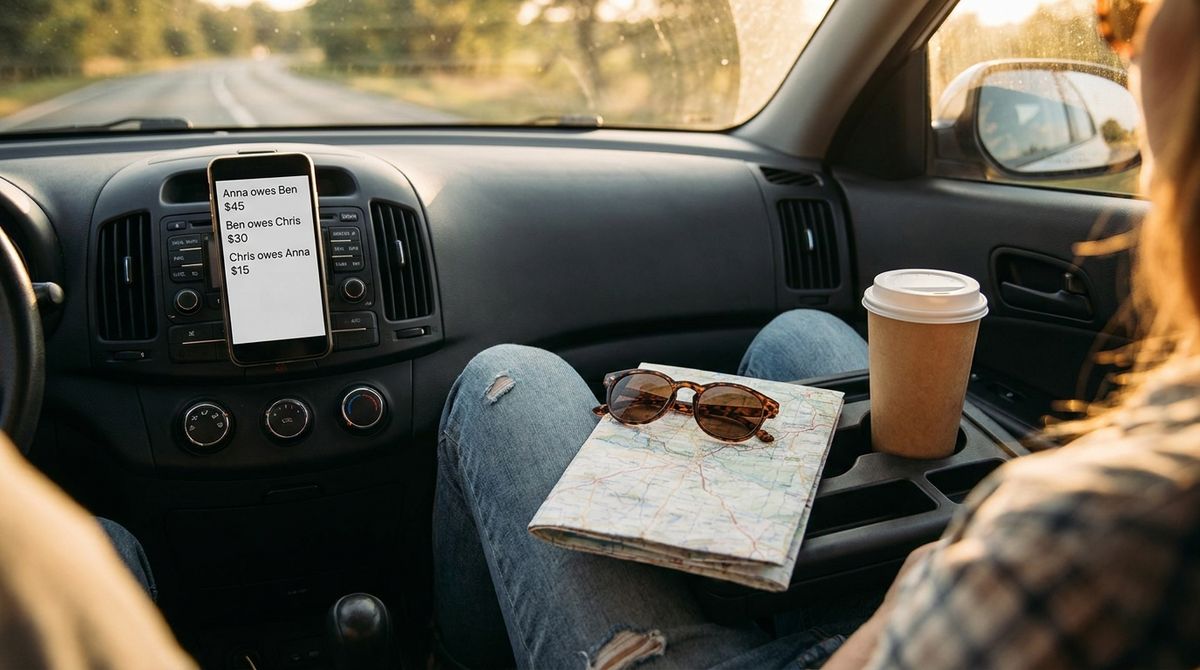 Overhead photo of a car dashboard and passenger lap on a road trip home, a phone propped up showing a short who-pays-who list, sunglasses and a folded map beside it