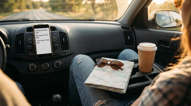 Overhead photo of a car dashboard and passenger lap on a road trip home, a phone propped up showing a short who-pays-who list, sunglasses and a folded map beside it