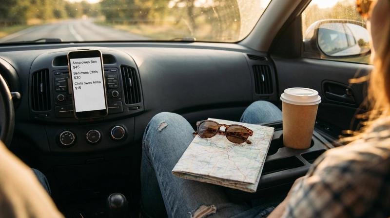 Overhead photo of a car dashboard and passenger lap on a road trip home, a phone propped up showing a short who-pays-who list, sunglasses and a folded map beside it