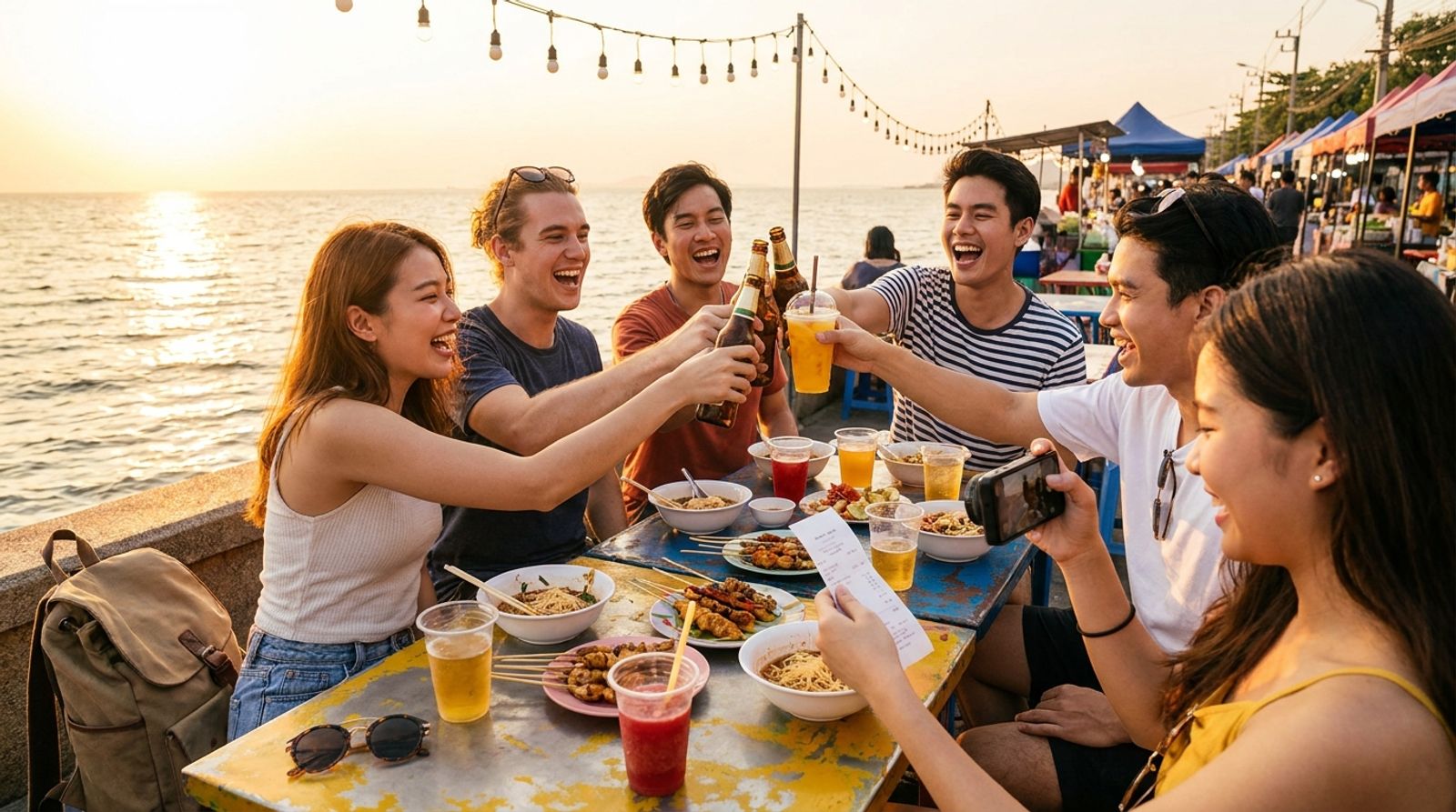 Group of friends in their twenties toasting drinks at a seaside night market table on a trip, one laughing while photographing the receipt with a phone