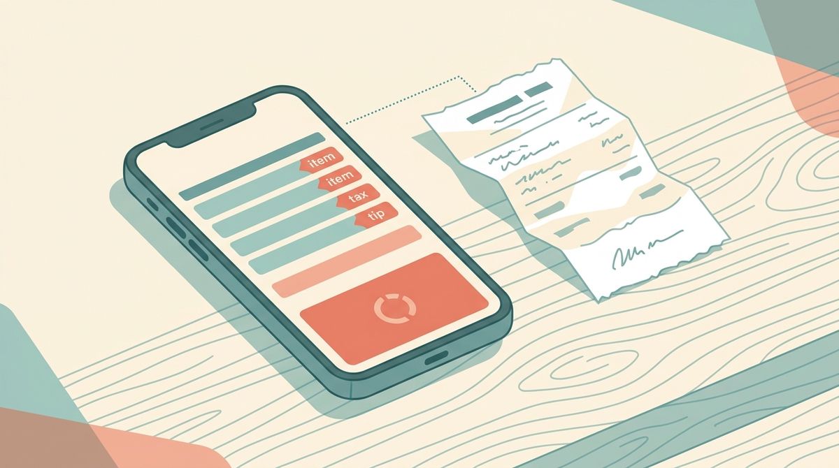 Close-up of a phone screen showing a scanned receipt broken into labelled lines, item, tax and tip, lying next to the paper receipt on a wooden cafe counter, illustration style