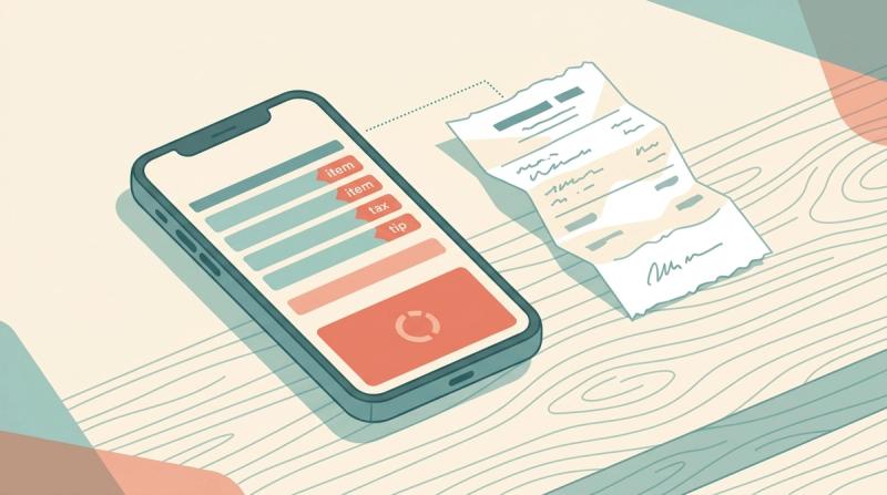 Close-up of a phone screen showing a scanned receipt broken into labelled lines, item, tax and tip, lying next to the paper receipt on a wooden cafe counter, illustration style