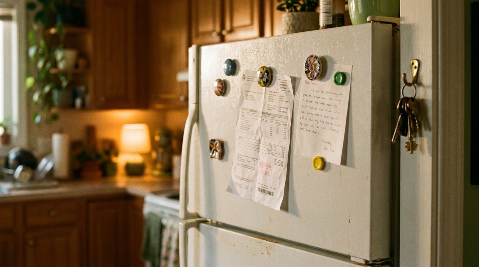 Close-up photo in warm evening kitchen light of a white fridge door with a printed utility bill and a handwritten rent split note held by colorful magnets, a set of house keys hanging on a hook beside it