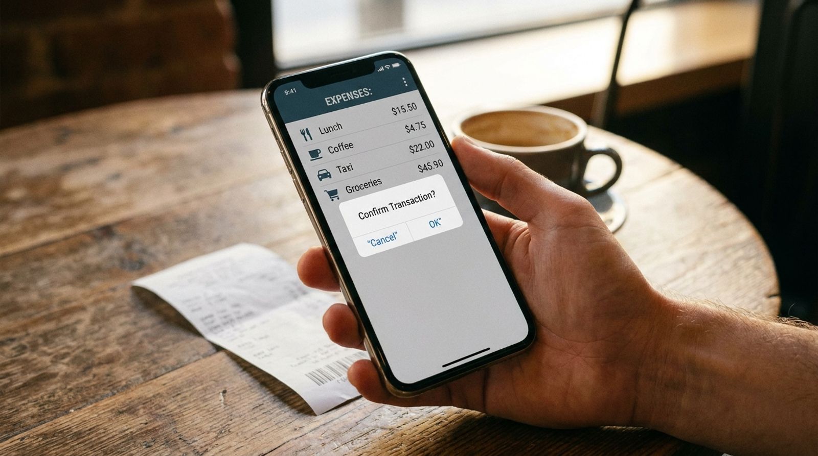Close-up of a hand holding a phone above a cafe table, an expense list on screen blocked by a popup dialog, receipt and coffee blurred behind