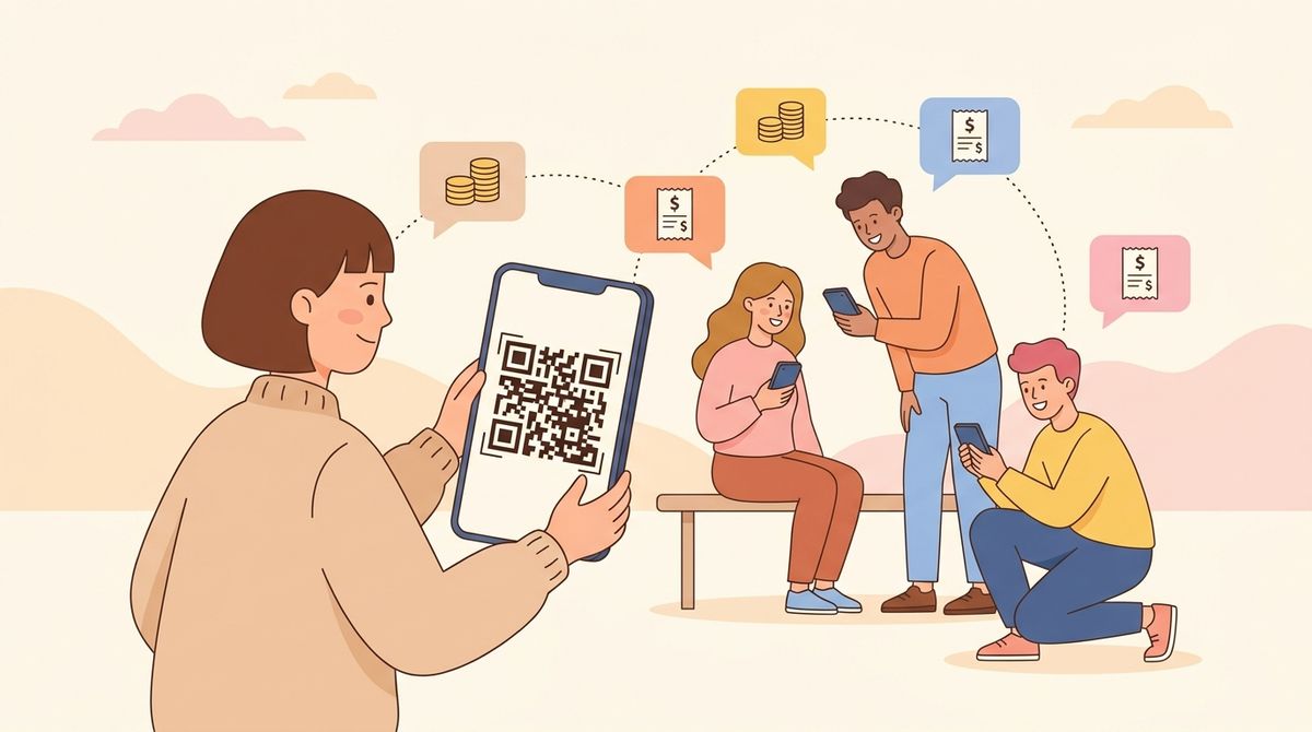 Flat illustration of a person holding out a phone with a QR code while three friends join a shared group on their own phones, chat bubbles with coin and receipt icons around them