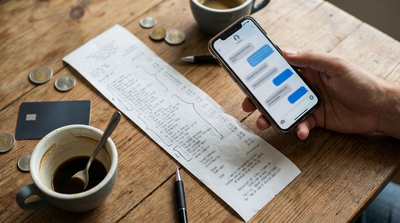 Overhead view of a long restaurant receipt with pen brackets grouping line items, next to a hand holding a phone showing a chat app, coffee cups and coins on a wooden table