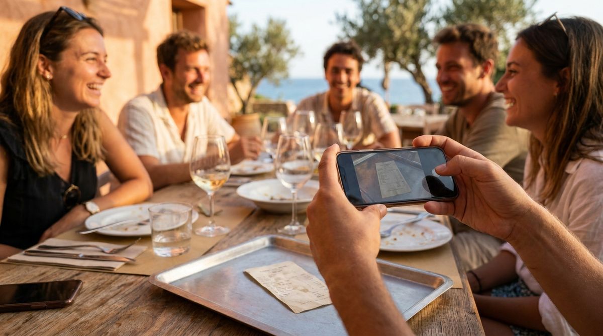 Friends splitting the bill at an outdoor table on a group trip, one of them photographing the receipt with a phone