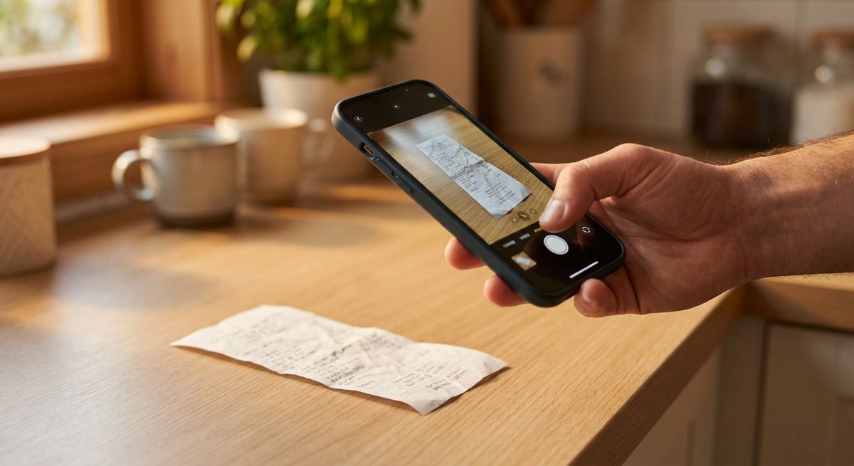 Close-up of a hand holding a phone photographing a crumpled grocery receipt on a bright kitchen counter