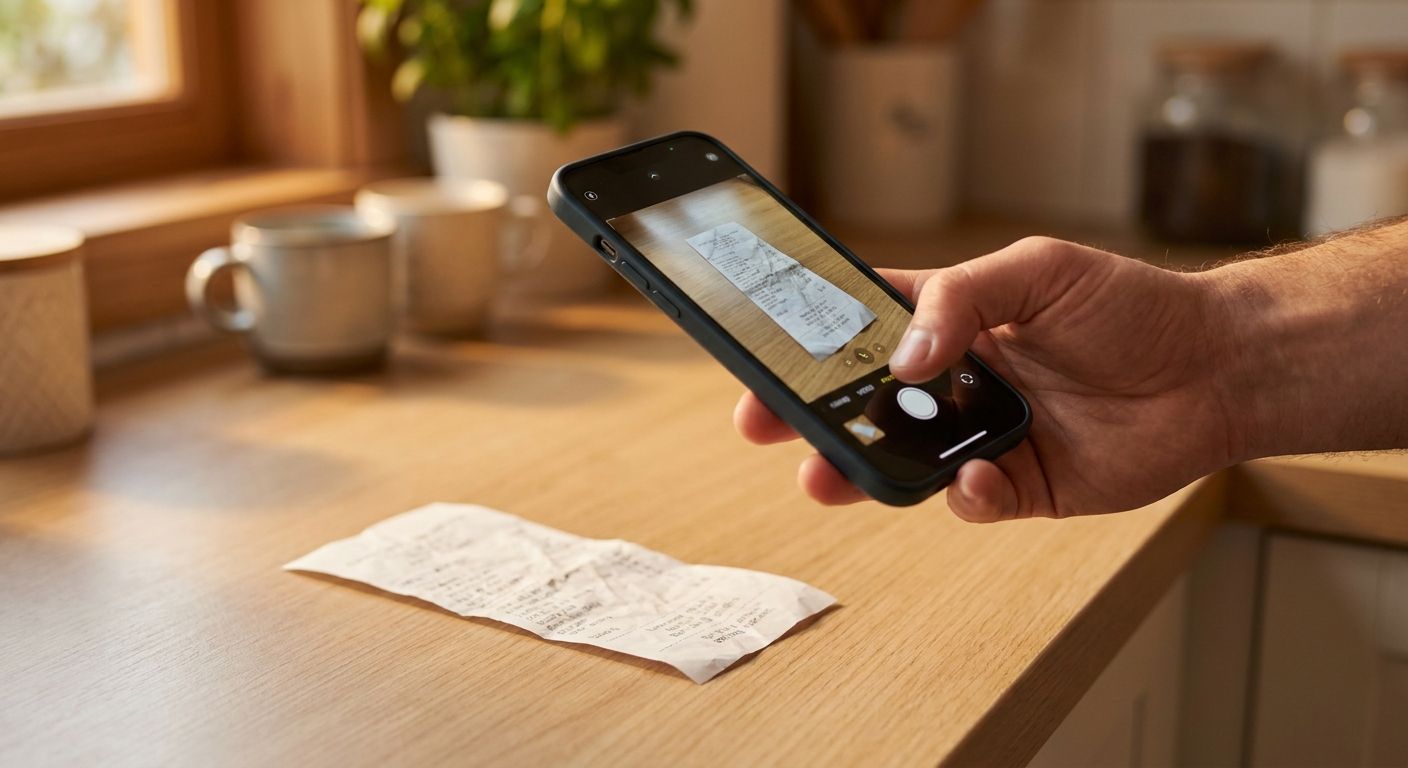 Close-up of a hand holding a phone photographing a crumpled grocery receipt on a bright kitchen counter