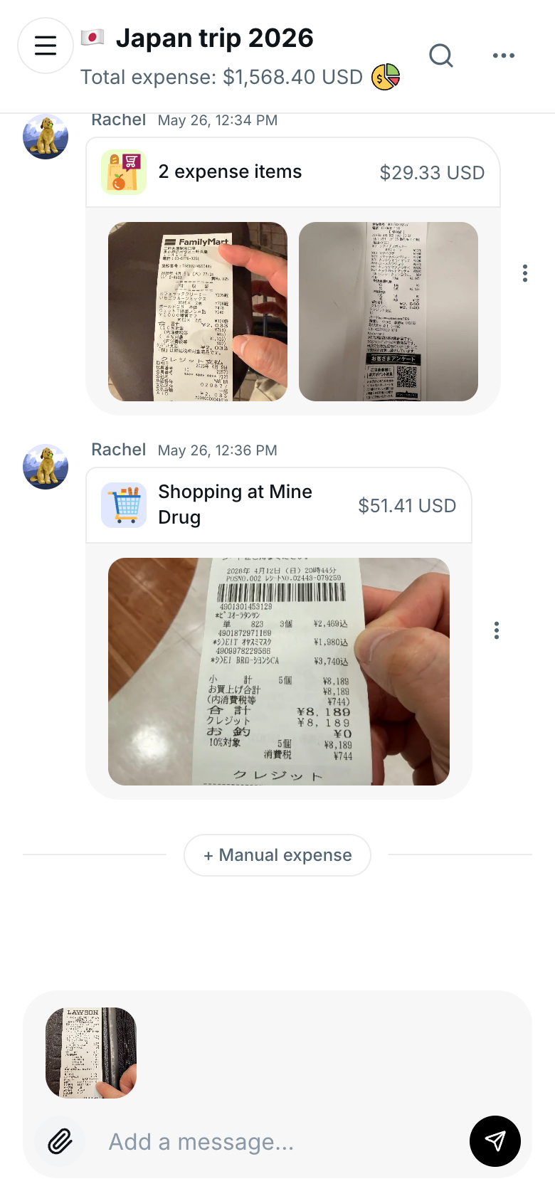 HippoSplit group chat on a phone with a photo of a Japanese convenience store receipt attached to the message box, ready to send