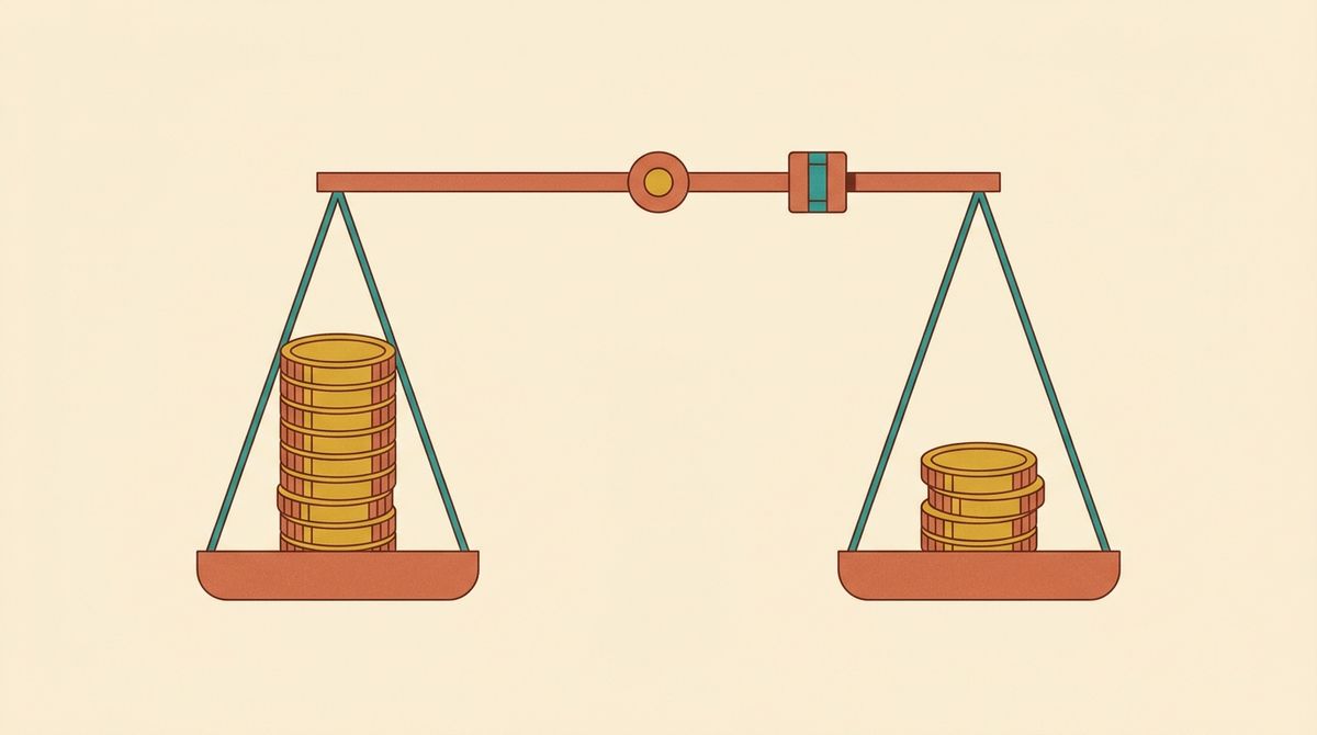 Flat vector illustration of a balance scale with a tall stack of coins on one side and a short stack on the other, held level by a sliding weight, warm cream background