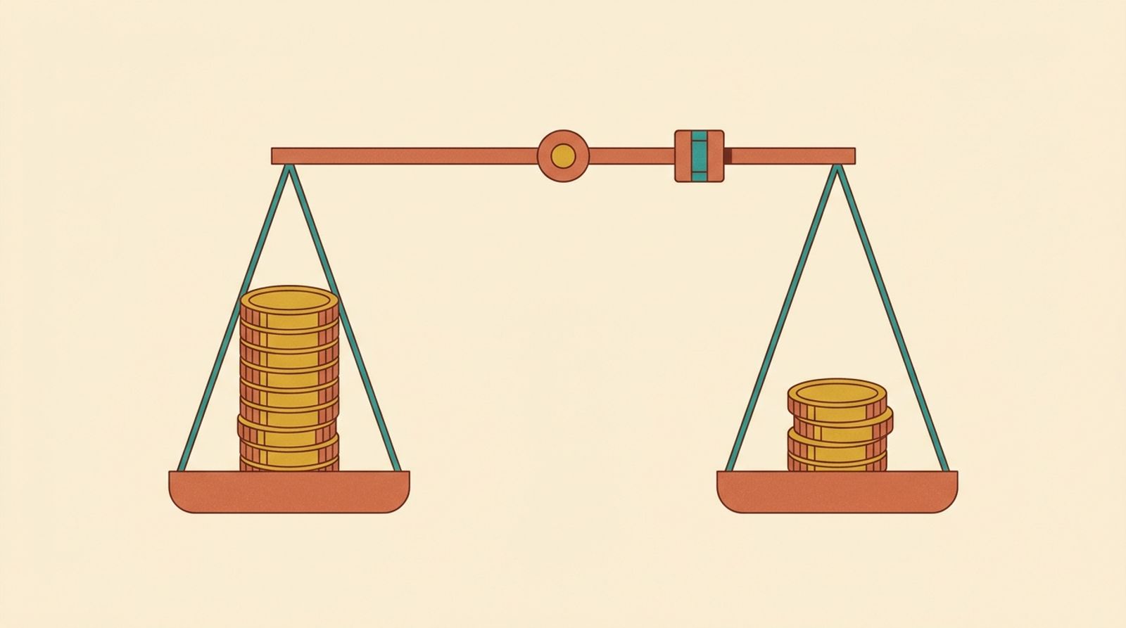 Flat vector illustration of a balance scale with a tall stack of coins on one side and a short stack on the other, held level by a sliding weight, warm cream background