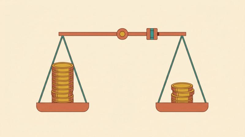 Flat vector illustration of a balance scale with a tall stack of coins on one side and a short stack on the other, held level by a sliding weight, warm cream background