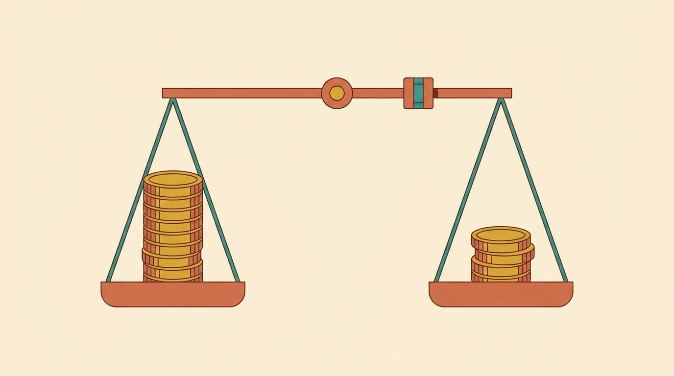 Flat vector illustration of a balance scale with a tall stack of coins on one side and a short stack on the other, held level by a sliding weight, warm cream background