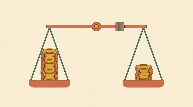 Flat vector illustration of a balance scale with a tall stack of coins on one side and a short stack on the other, held level by a sliding weight, warm cream background