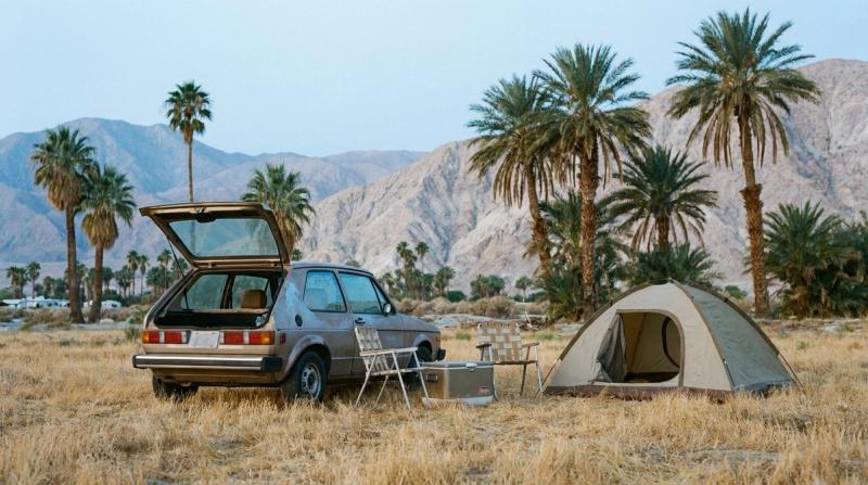 Wide eye-level photo at dawn of a desert car-camping site: a hatchback with its trunk open, two folding chairs, a cooler and a small dome tent, with palm trees and pale mountains behind in soft blue morning light