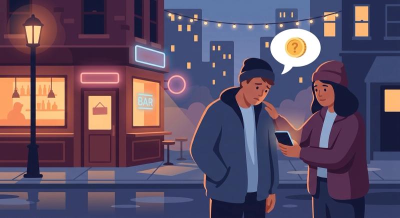 Illustration of two friends outside a bar at night looking at one phone, with a speech bubble showing a coin and a question mark