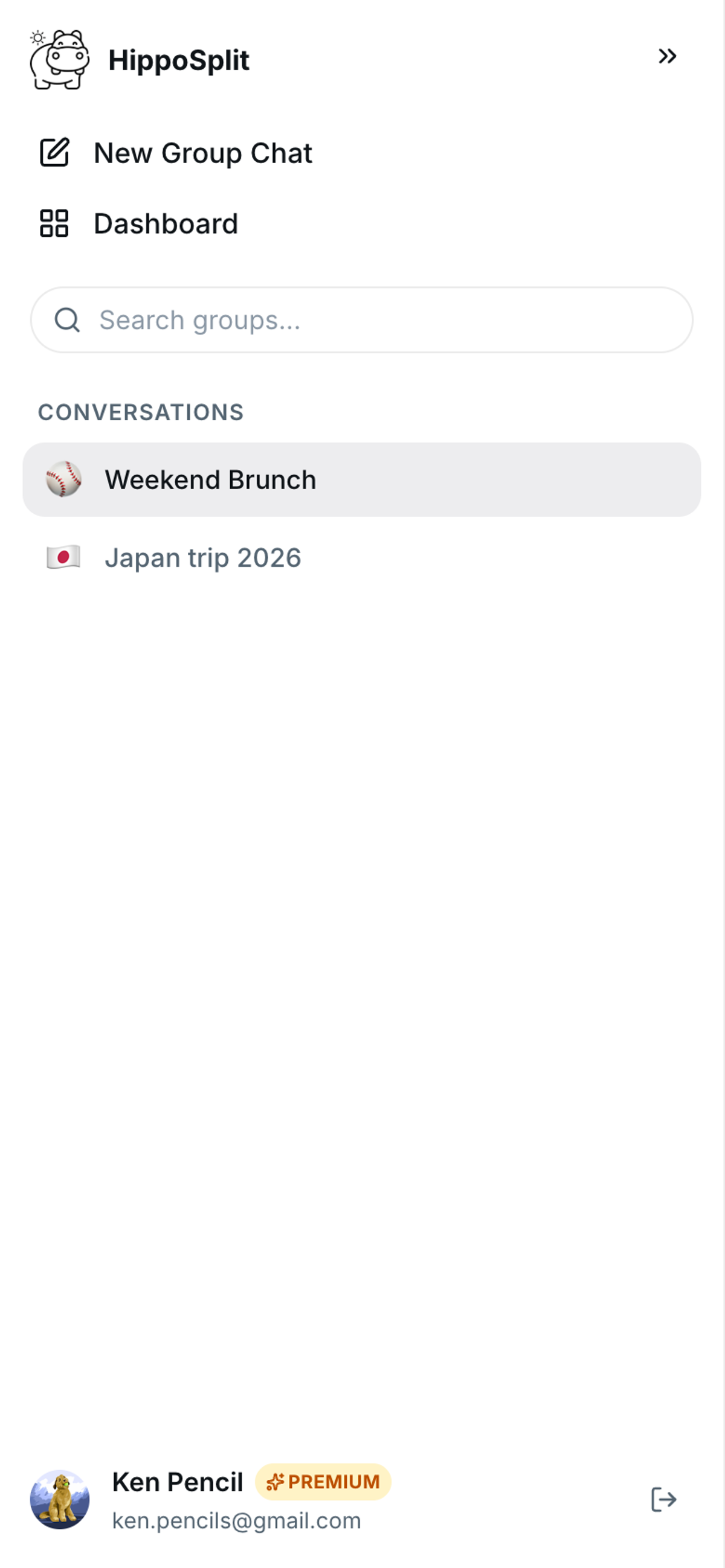 HippoSplit home screen on a phone showing the New Group Chat button, Dashboard, and the list of conversations