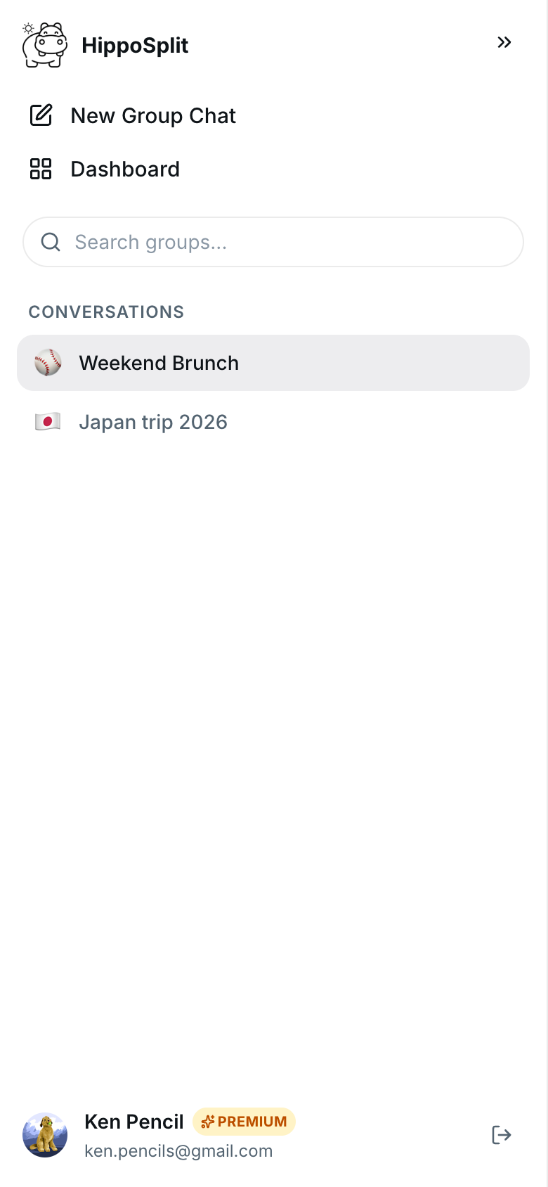 HippoSplit home screen on a phone showing the New Group Chat button, Dashboard, and the list of conversations