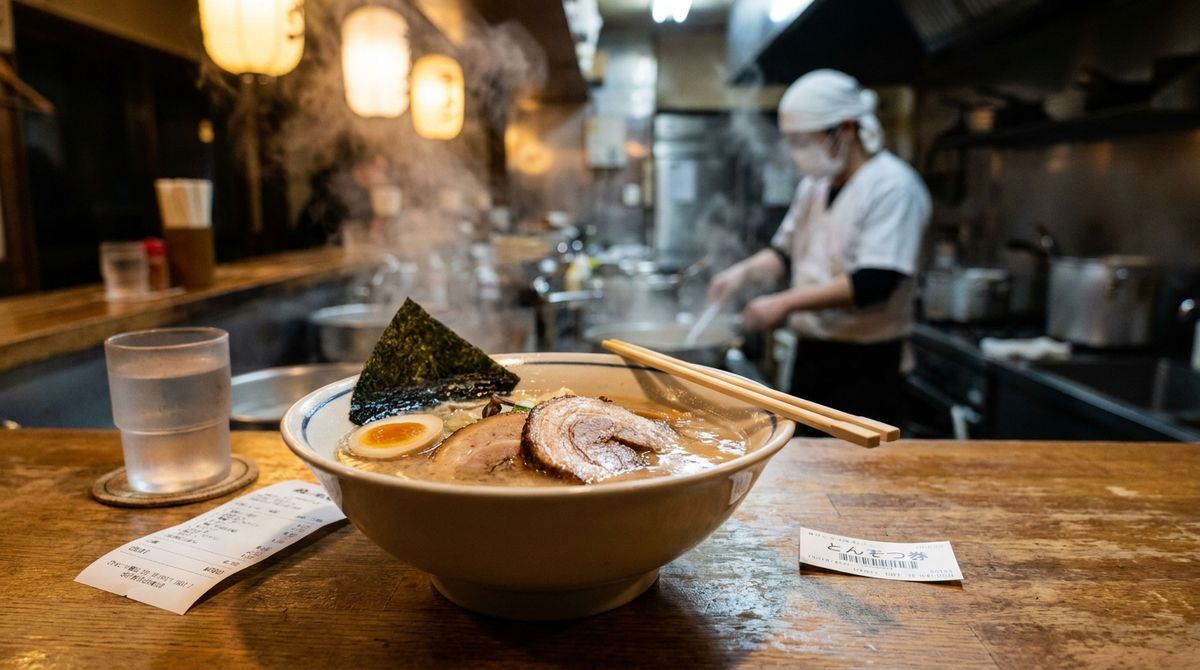 Close-up of a steaming bowl of tonkotsu ramen with chashu, a soft-boiled egg and nori on a wooden ramen counter, chopsticks resting across the bowl, a paper receipt and a meal ticket stub beside it, with a cook working in the blurred kitchen behind