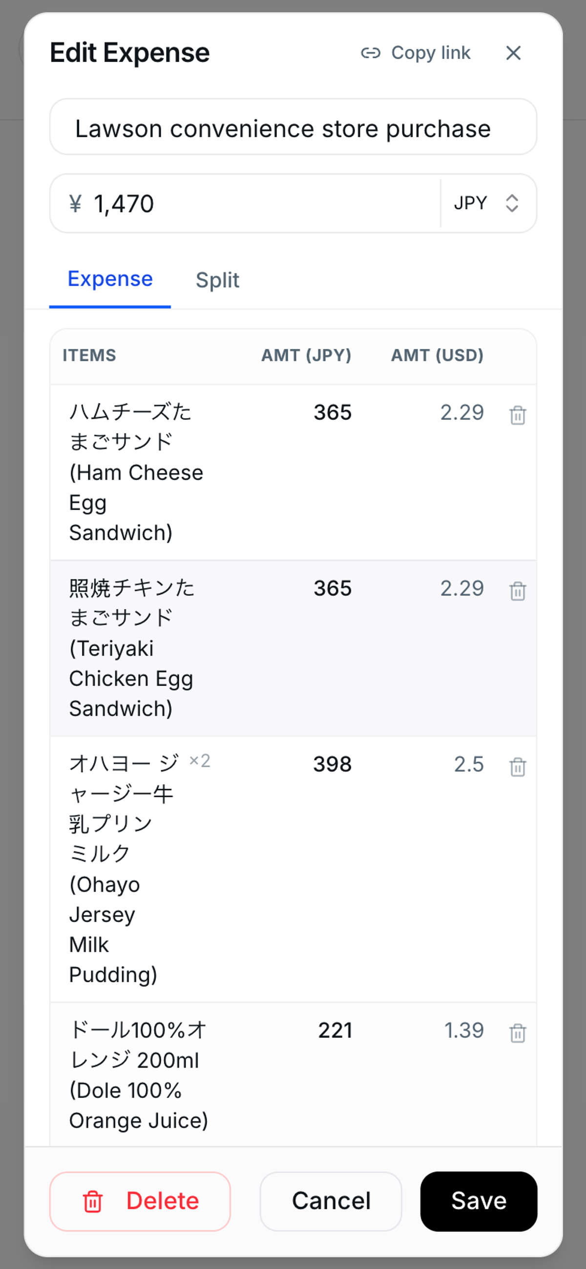HippoSplit expense editor listing every receipt line item with amounts in yen and US dollars