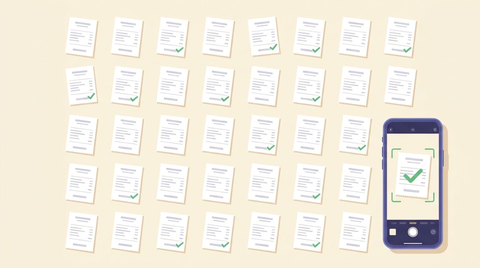 Flat vector illustration, overhead view, of rows of small paper receipts laid out in a neat grid on a cream background, many marked with a green check, and a phone in the corner whose camera viewfinder frames one receipt