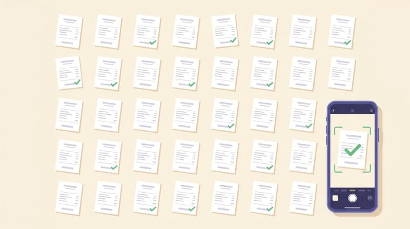 Flat vector illustration, overhead view, of rows of small paper receipts laid out in a neat grid on a cream background, many marked with a green check, and a phone in the corner whose camera viewfinder frames one receipt