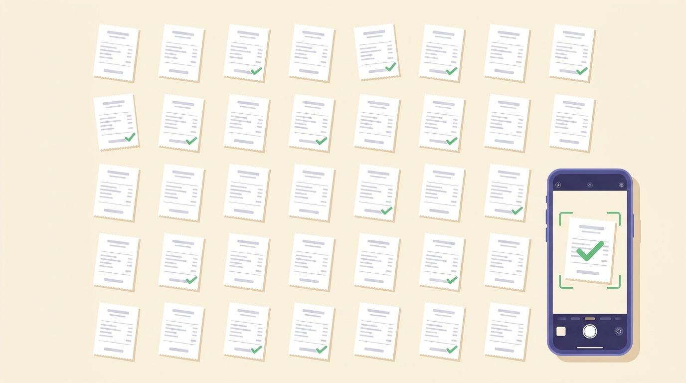 Flat vector illustration, overhead view, of rows of small paper receipts laid out in a neat grid on a cream background, many marked with a green check, and a phone in the corner whose camera viewfinder frames one receipt