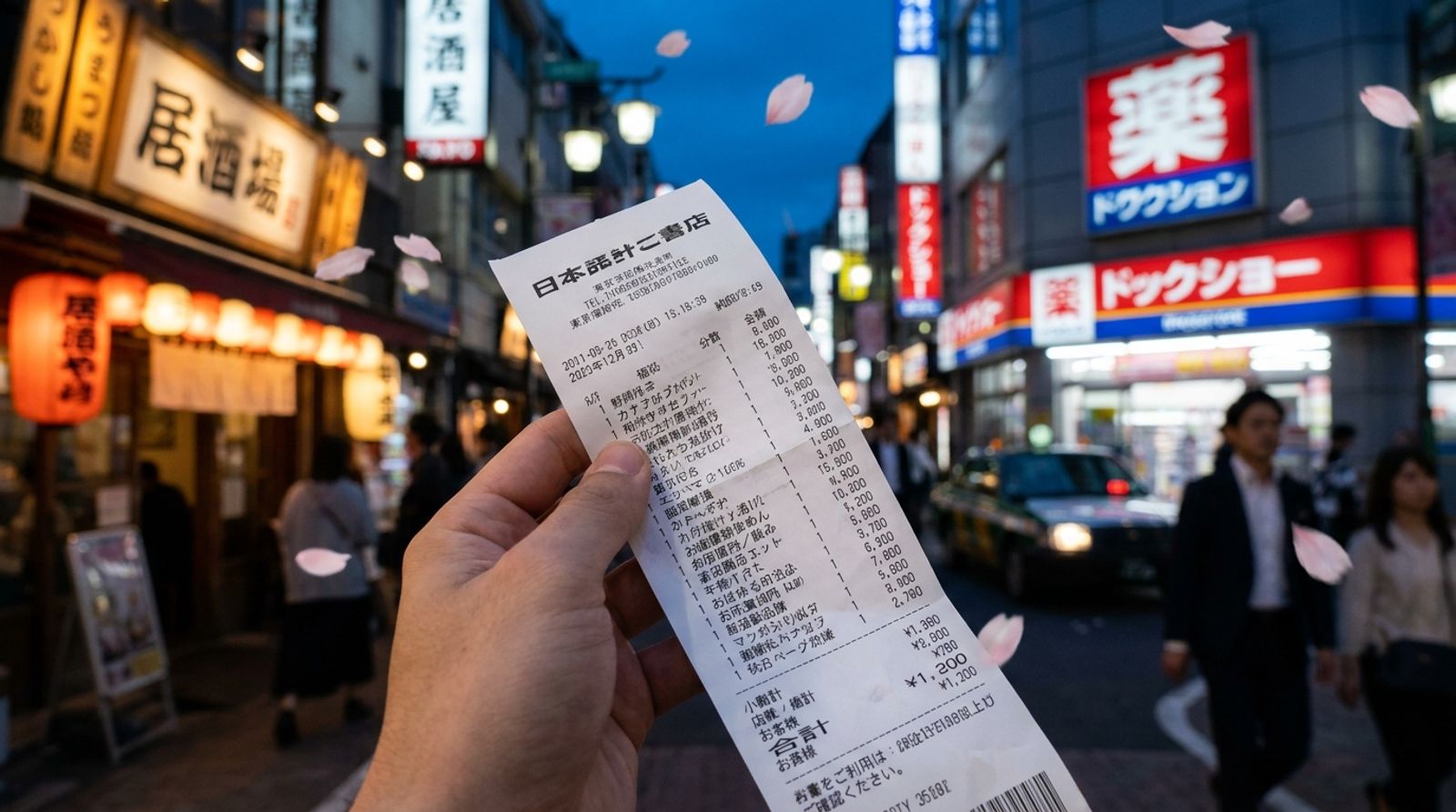 A hand holding up a long itemised Japanese receipt at eye level on a Tokyo street at dusk, with izakaya lanterns, a drugstore sign and cherry blossom petals drifting behind it