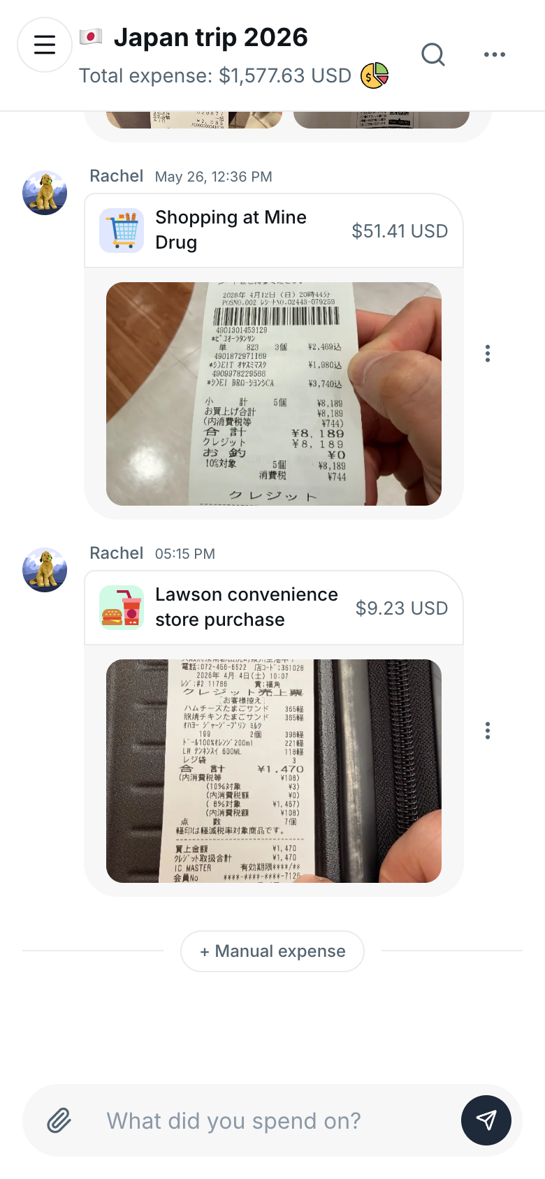 HippoSplit chat showing an expense card the AI created automatically from the receipt photo, titled Lawson convenience store purchase with the converted total