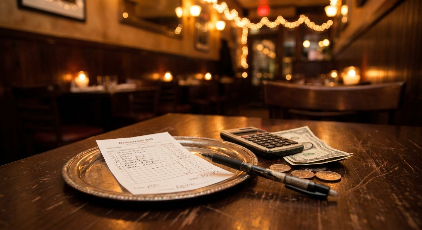 Restaurant bill on a silver tray with a pen, pocket calculator, banknotes and coins, dim restaurant lights in the background