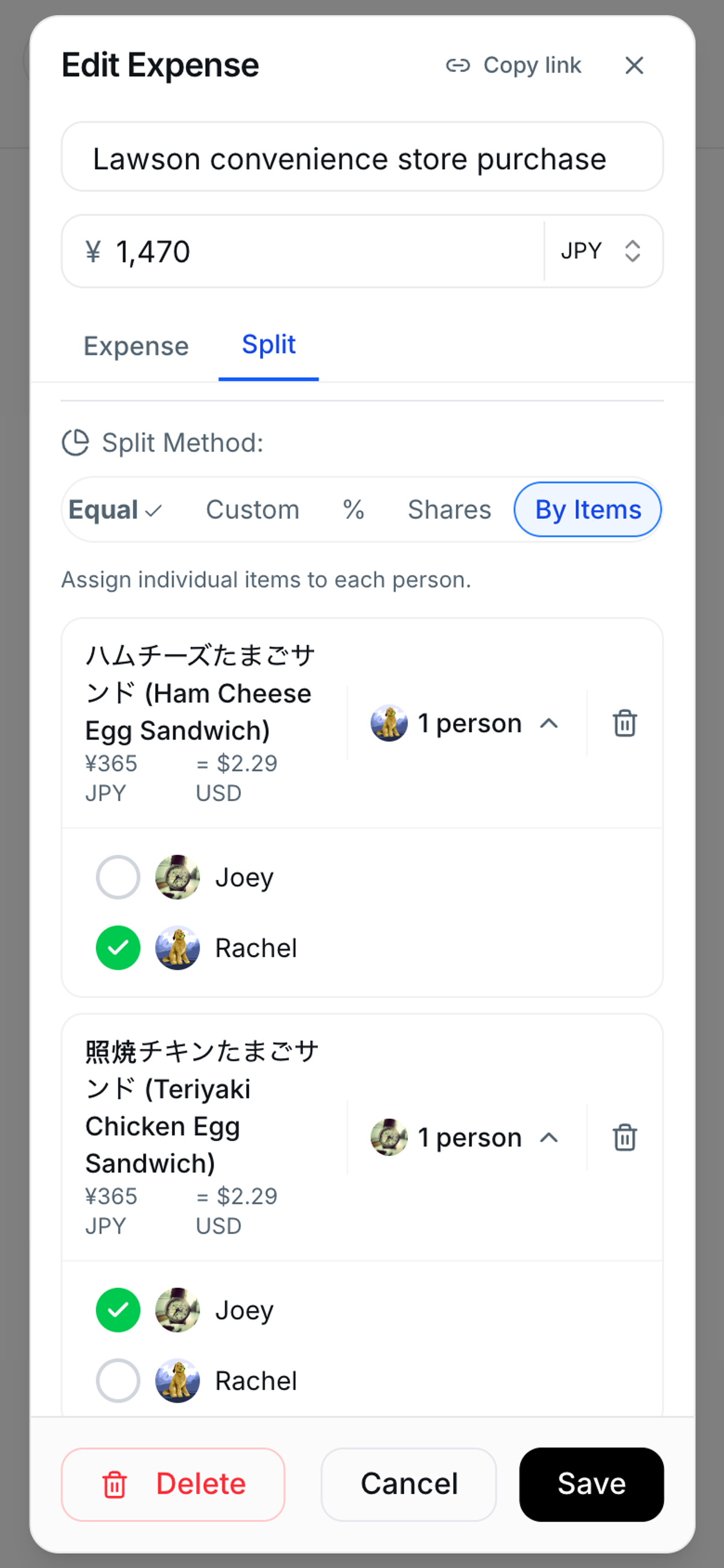 HippoSplit split tab with the By Items method selected, one sandwich assigned to each person and the remaining items shared by everyone
