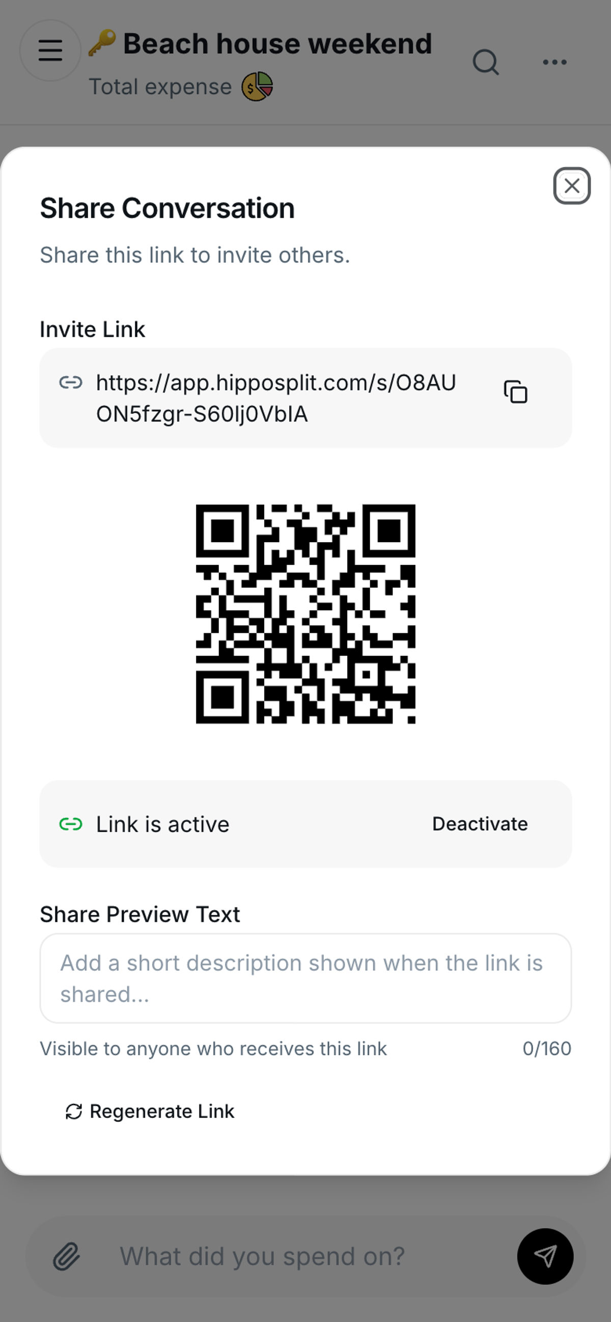 HippoSplit Share Conversation dialog showing the invite link, a QR code, and the link active toggle