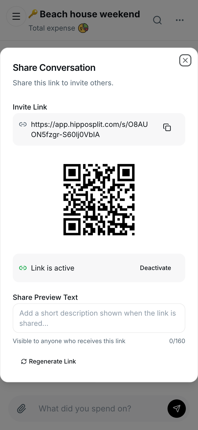 HippoSplit Share Conversation dialog showing the invite link, a QR code, and the link active toggle