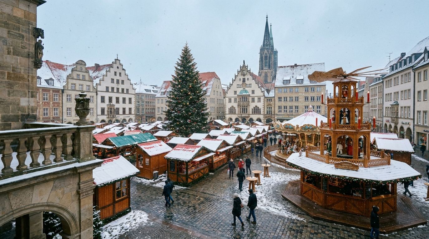 Elevated daytime view over a snowy German Christmas market square, rows of wooden stalls with snow-covered roofs, a tall decorated fir tree, a carousel and a lit wooden Christmas pyramid, with gabled townhouses and a church spire behind