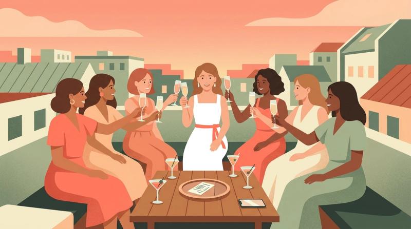 Flat editorial illustration of seven women on a rooftop terrace at sunset raising champagne glasses in a toast, the bride in a white dress with a coral sash in the middle, a paper check on a tray and a phone on the wooden table, pastel city rooftops behind